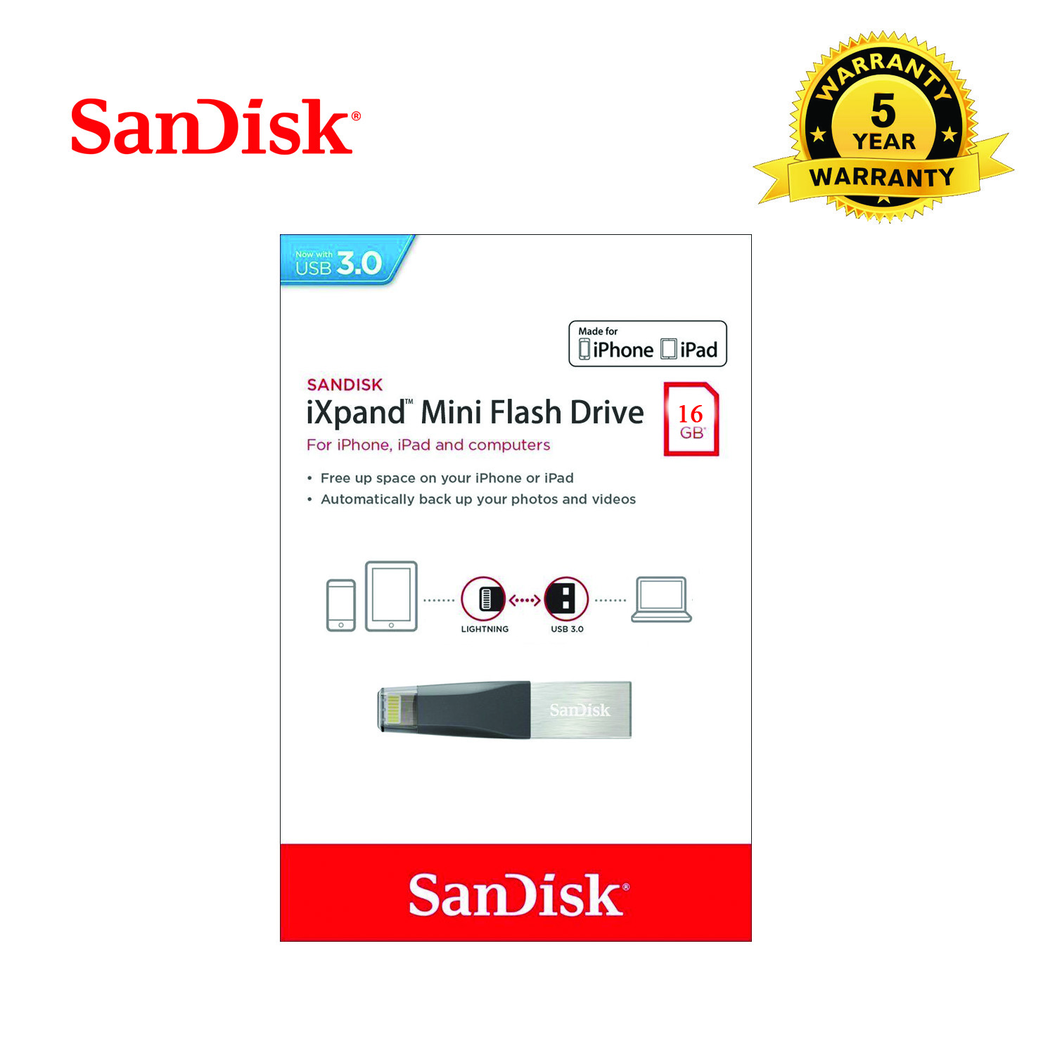 SanDisk 64GB iXpand USB3.0 Flash Drive Go with Lightning Connector