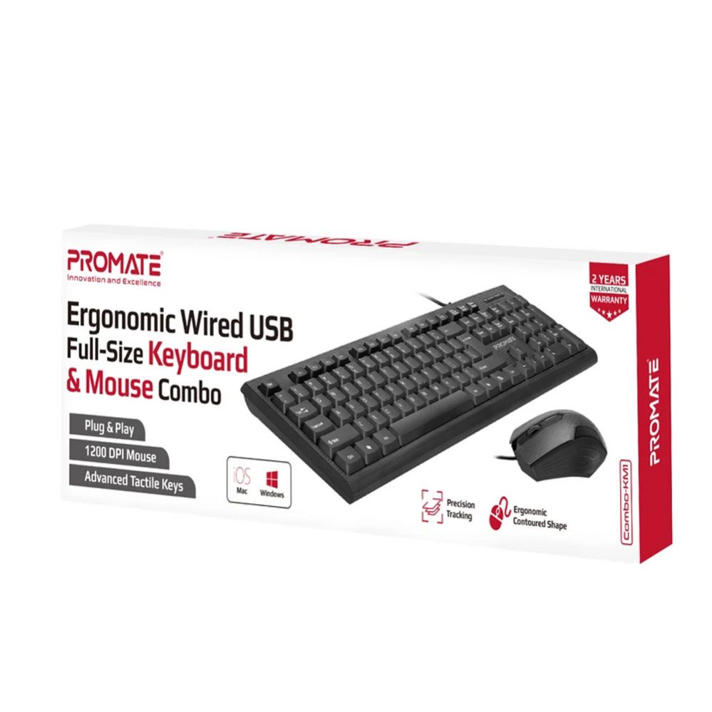 Promate Ergonomic Wired USB Full-Size Keyboard & Mouse Combo, Plug & Play,  Easy-to-Read Characters, Widely Compatible